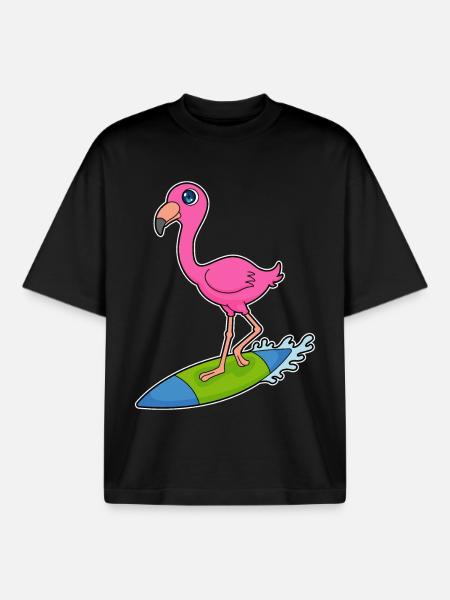 Flamingo Surfing Surfboard Summer - Boxy Heavyweight Unisex Organic T-Shirt by Stanley/Stella - black