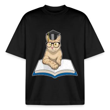 Katze Lehrer Buch Schule - Boxy Heavyweight Unisex Organic T-Shirt von Stanley/Stella - Schwarz - Vorne - AI Model Male 185 light (185cm) & AI Model Female 172 dark (172cm)