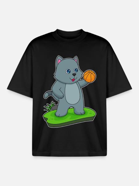 Cat Basketball Player Basketball - Boxy Heavyweight Unisex Organic T-Shirt by Stanley/Stella - black