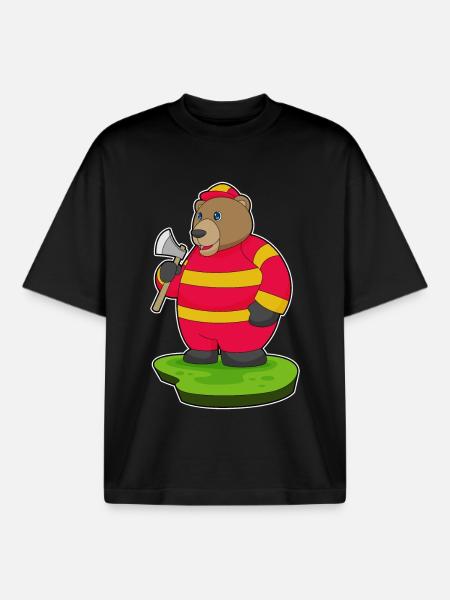 Bear Firefighter Axe Fire Brigade - Boxy Heavyweight Unisex Organic T-Shirt by Stanley/Stella - black