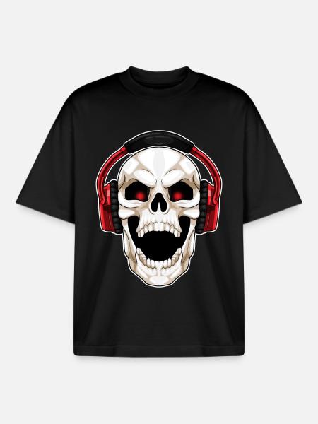 Skull Headphones Music - Boxy Heavyweight Unisex Organic T-Shirt by Stanley/Stella - black