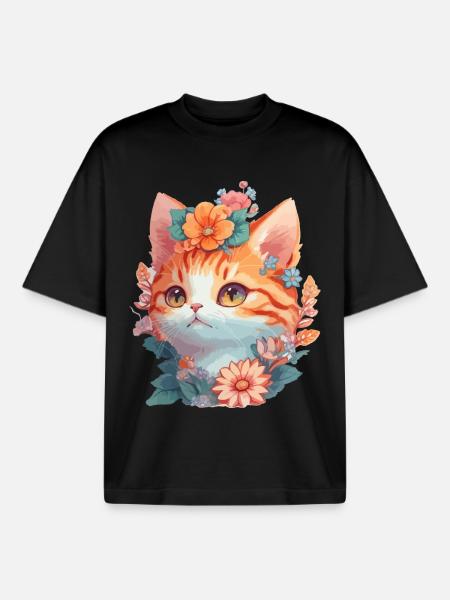 Red cat with flowers - Boxy Heavyweight Unisex Organic T-Shirt by Stanley/Stella - black