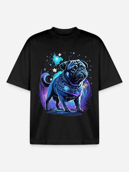 Midnight Magic Pug Dog - Boxy Heavyweight Unisex Organic T-Shirt by Stanley/Stella - black