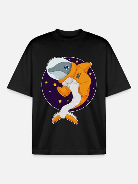 Dolphin Astronaut Space - Boxy Heavyweight Unisex Organic T-Shirt by Stanley/Stella - black