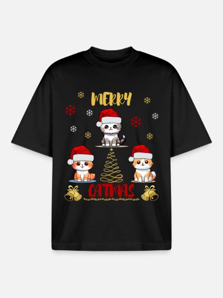 Merry Catmas Cat Lover Funny Cute - Boxy Heavyweight Unisex Organic T-Shirt by Stanley/Stella - black