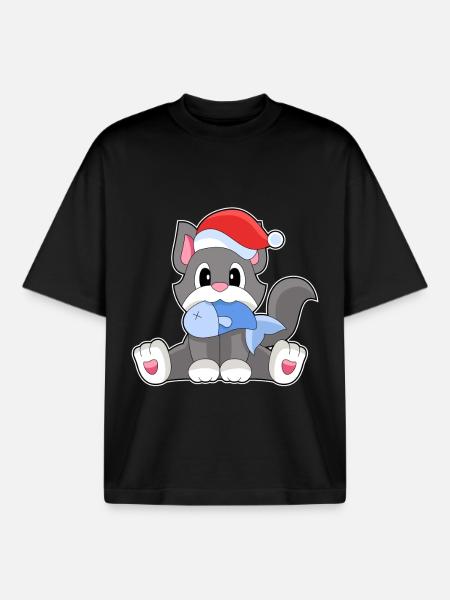 Chat Poisson De Noël - T-shirt unisexe boxy épais biologique Stanley/Stella - noir