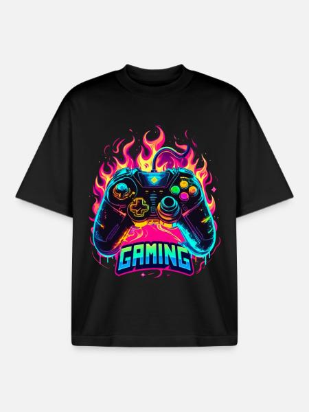 Gaming Controller Flames Art - Boxy Heavyweight Unisex Organic T-Shirt by Stanley/Stella - black