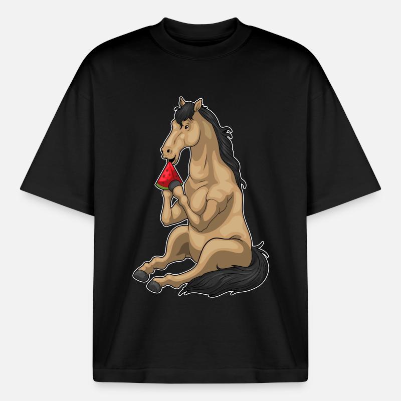 Cheval Pastèque Fruit - T-shirt unisexe boxy épais biologique Stanley/Stella - noir