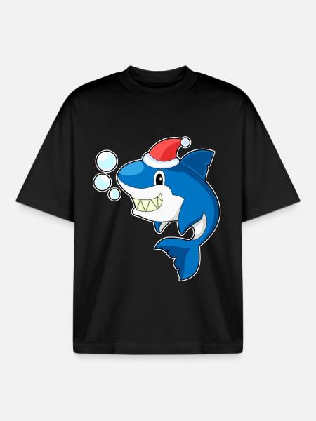 Shark Christmas Santa Hat - Boxy Heavyweight Unisex Organic T-Shirt by Stanley/Stella - black