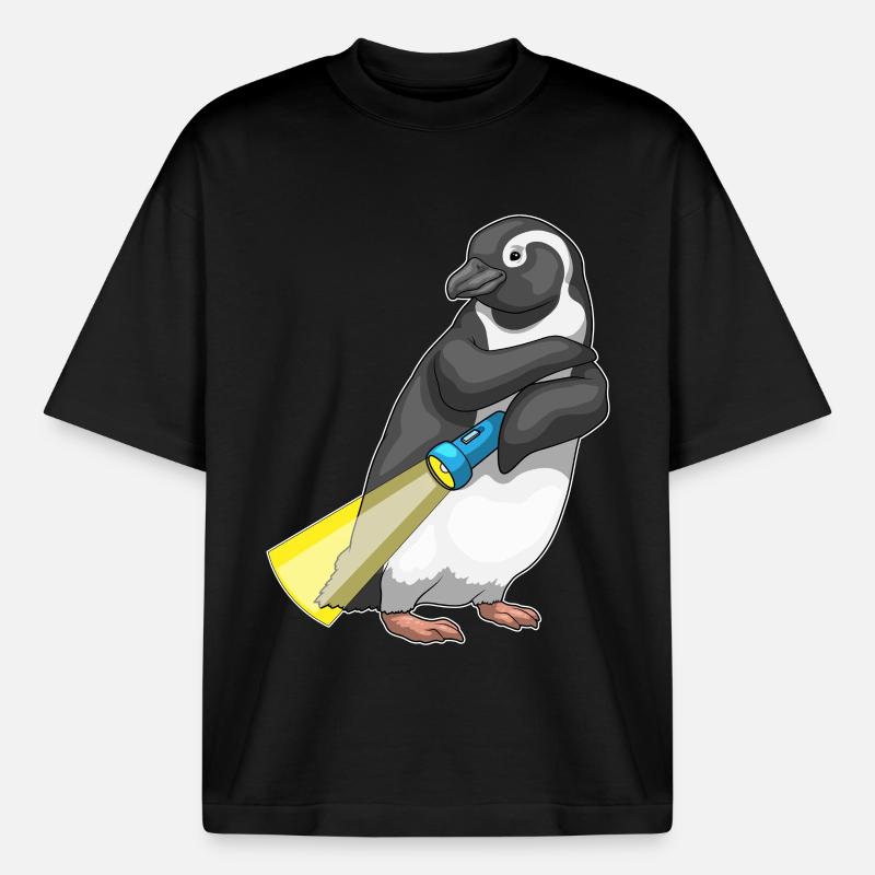 Penguin Flashlight - Boxy Heavyweight Unisex Organic T-Shirt by Stanley/Stella - black
