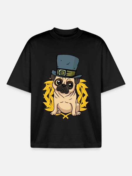 Dog Pug Hat Laurel Wreath - Boxy Heavyweight Unisex Organic T-Shirt by Stanley/Stella - black