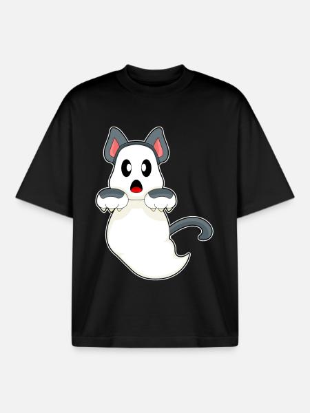 Cat Halloween Ghost - Boxy Heavyweight Unisex Organic T-Shirt by Stanley/Stella - black