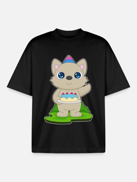 Cat Birthday Cake - Boxy Heavyweight Unisex Organic T-Shirt by Stanley/Stella - black