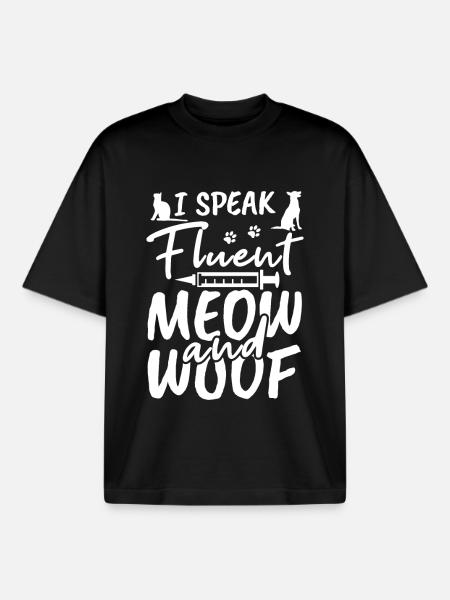 I speak fluent meow and woof - Boxy Heavyweight Unisex Organic T-Shirt by Stanley/Stella - black