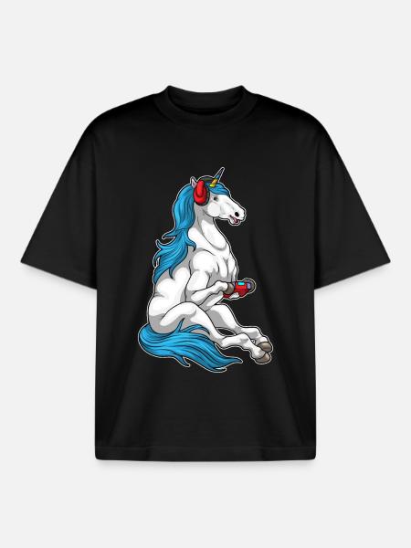 Einhorn Gamer Controller - Boxy Heavyweight Unisex Organic T-Shirt von Stanley/Stella - Schwarz