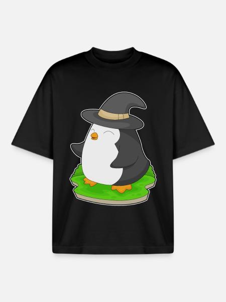 Pingouin Halloween Sorcière - T-shirt unisexe boxy épais biologique Stanley/Stella - noir