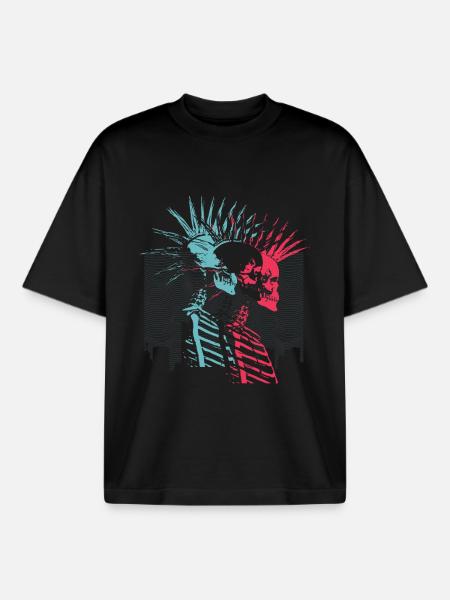 Neon Punk Rock Skulls City Skyline - Boxy Heavyweight Unisex Organic T-Shirt by Stanley/Stella - black