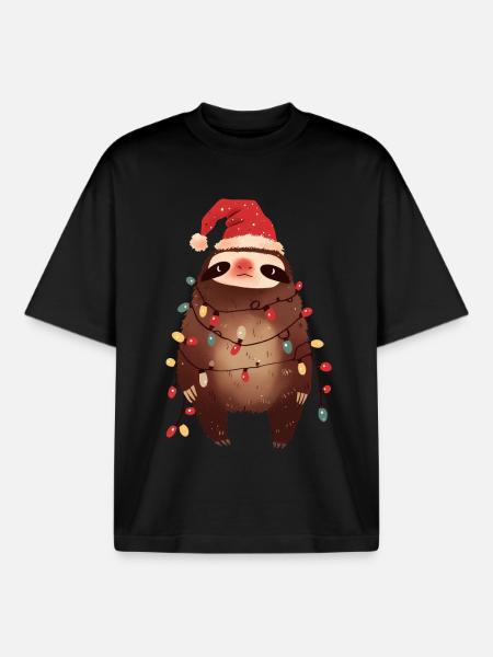 Funny Sloth Fairy Lights Christmas Tree - Boxy Heavyweight Unisex Organic T-Shirt by Stanley/Stella - black