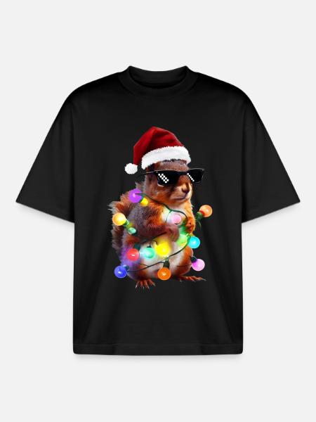 Weihnachts Eichhörnchen mit Lichterkett - Boxy Heavyweight Unisex Organic T-Shirt von Stanley/Stella - Schwarz