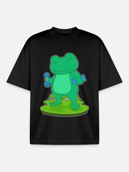 Frog Bodybuilder Dumbbells Bodybuilding - Boxy Heavyweight Unisex Organic T-Shirt by Stanley/Stella - black
