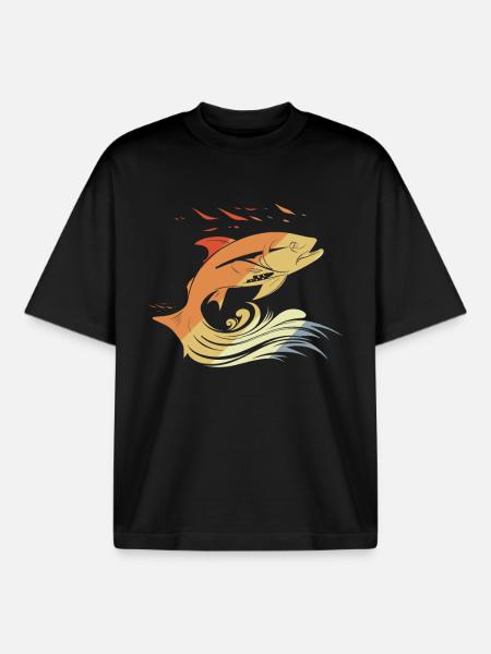 Fish Drawing Retro Style - Boxy Heavyweight Unisex Organic T-Shirt by Stanley/Stella - black