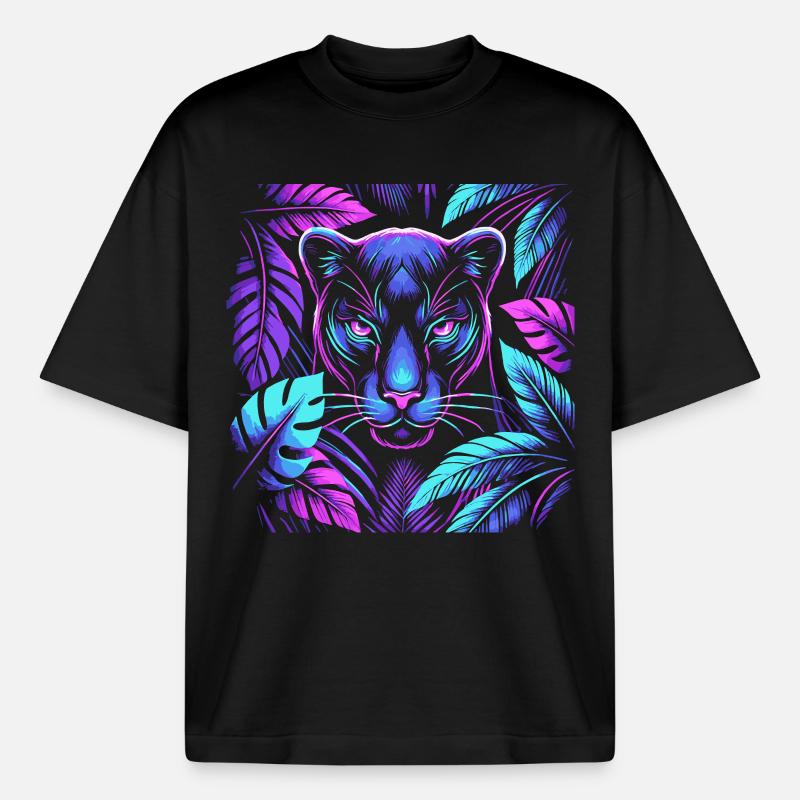 Lebendiger Panther mit tropischen Blättern Design - Boxy Heavyweight Unisex Organic T-Shirt von Stanley/Stella - Schwarz