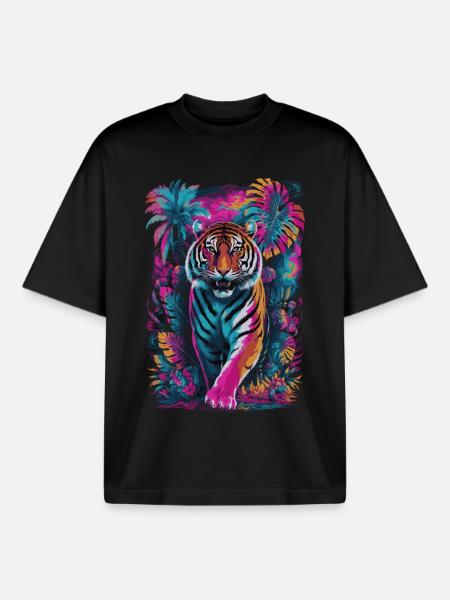 Psychedelic Tiger in Vibrant Jungle Design - Boxy Heavyweight Unisex Organic T-Shirt by Stanley/Stella - black