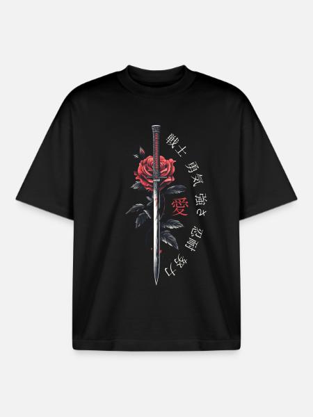 Japan Characters Sword Rose Gift - Boxy Heavyweight Unisex Organic T-Shirt by Stanley/Stella - black