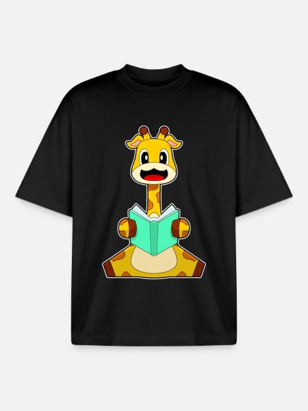 Giraffe Nerd Book - Boxy Heavyweight Unisex Organic T-Shirt by Stanley/Stella - black