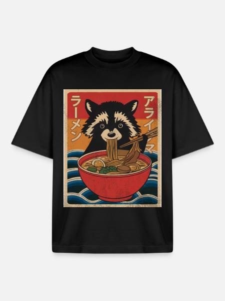 Kawaii Raccoon Ramen Funny Japanese Anime - Boxy Heavyweight Unisex Organic T-Shirt by Stanley/Stella - black