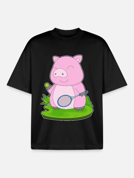 Pig Tennis Racket - Boxy Heavyweight Unisex Organic T-Shirt by Stanley/Stella - black