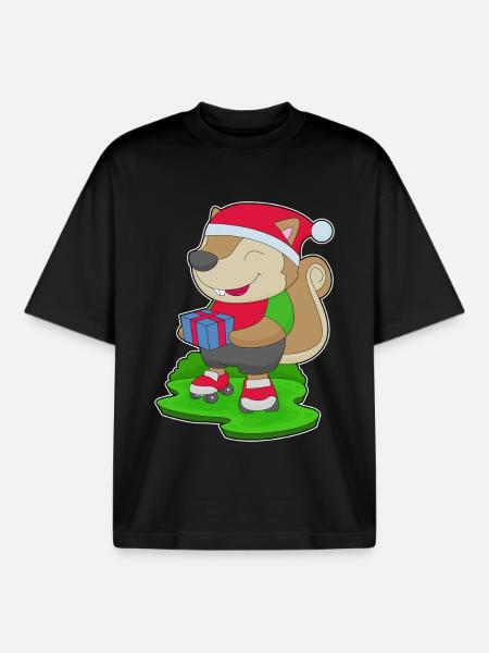 Squirrel Christmas Roller Skates - Boxy Heavyweight Unisex Organic T-Shirt by Stanley/Stella - black