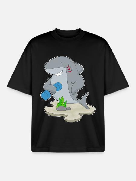 Shark Bodybuilder Dumbbell Bodybuilding - Boxy Heavyweight Unisex Organic T-Shirt by Stanley/Stella - black