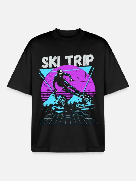 Retro Ski Trip Neon Graphic - Boxy Heavyweight Unisex Organic T-Shirt by Stanley/Stella - black