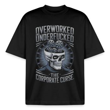 Overworked & Underpaid - Funny Corporate Skull - Boxy Heavyweight Unisex Organic T-Shirt by Stanley/Stella - black - Front - AI Model Male 185 light (185cm) & AI Model Female 172 dark (172cm)