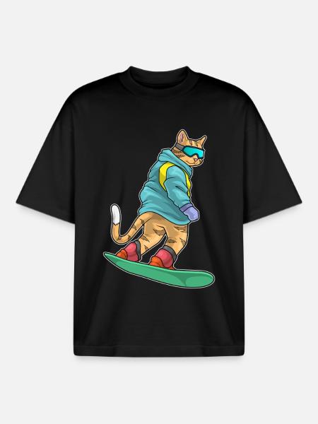 Cat Snowboarder Snowboard - Boxy Heavyweight Unisex Organic T-Shirt by Stanley/Stella - black