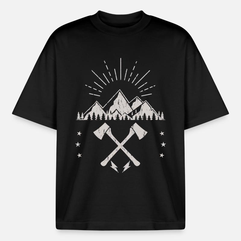 Rugged Mountain Sunrise Axe Emblem - Boxy Heavyweight Unisex Organic T-Shirt by Stanley/Stella - black