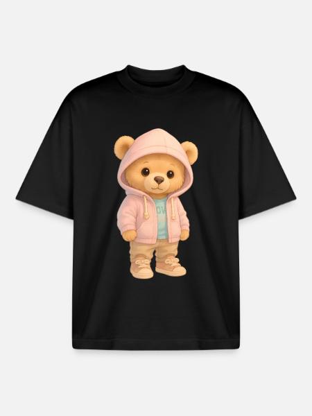 Ours à capuche mignon - T-shirt unisexe boxy épais biologique Stanley/Stella - noir
