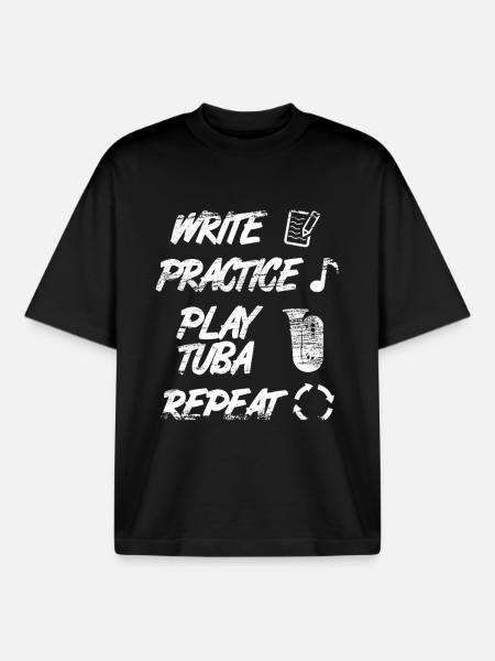 Writing Practice Playing the Tuba Repeat - Boxy Heavyweight Unisex Organic T-Shirt by Stanley/Stella - black