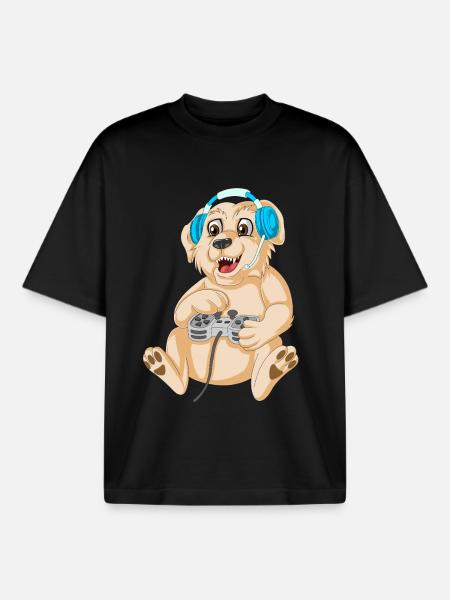 Playful Gaming Dog golden retriever - Boxy Heavyweight Unisex Organic T-Shirt by Stanley/Stella - black