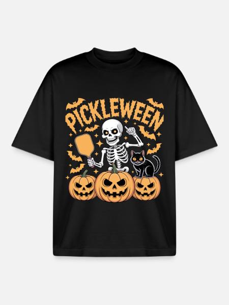 Pickleween Pickleball Player Pumpkin Halloween - Boxy Heavyweight Unisex Organic T-Shirt by Stanley/Stella - black