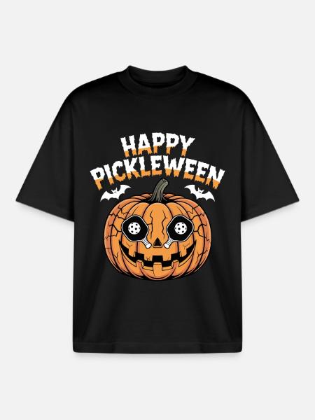 Pickleween Pickleball Player Halloween Pumpkin - Boxy Heavyweight Unisex Organic T-Shirt by Stanley/Stella - black
