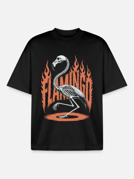 Flamingo Flames Skeleton Halloween - Boxy Heavyweight Unisex Organic T-Shirt by Stanley/Stella - black