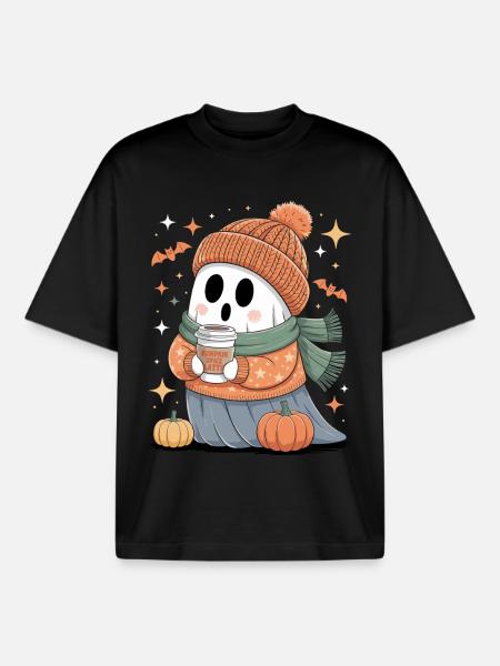 Ghost Cute Halloween Autumn - Boxy Heavyweight Unisex Organic T-Shirt by Stanley/Stella - black