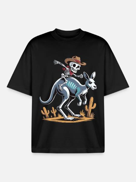 Cowboy Skeleton Rider on Kangaroo - Boxy Heavyweight Unisex Organic T-Shirt by Stanley/Stella - black