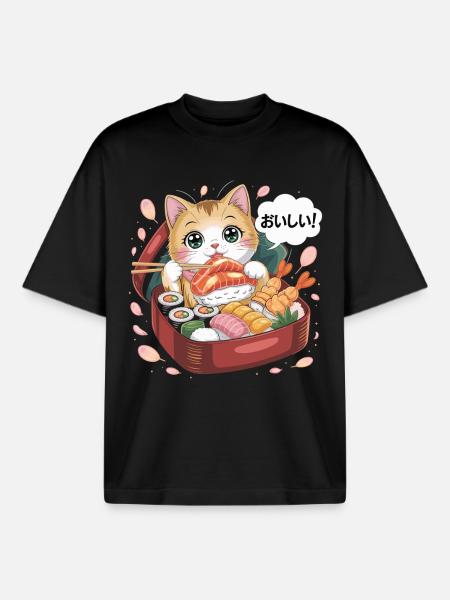 Kawaii Katze mit Sushi - Boxy Heavyweight Unisex Organic T-Shirt von Stanley/Stella - Schwarz