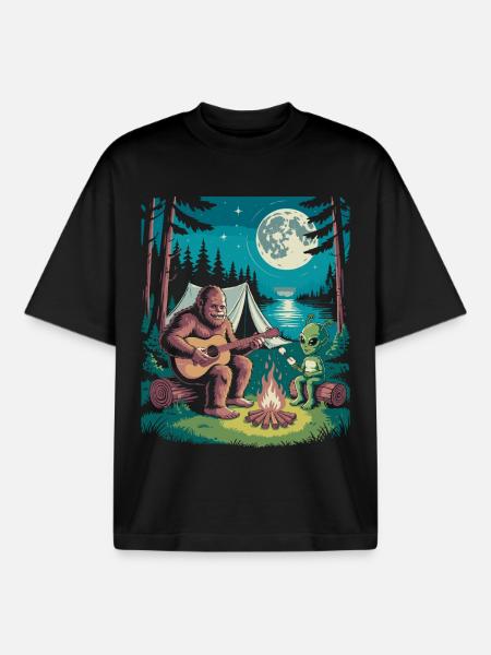 Bigfoot at the campfire with alien - Boxy Heavyweight Unisex Organic T-Shirt by Stanley/Stella - black