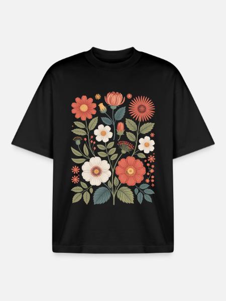 Botanical Flower Diversity Garden Meadow Nature - Boxy Heavyweight Unisex Organic T-Shirt by Stanley/Stella - black