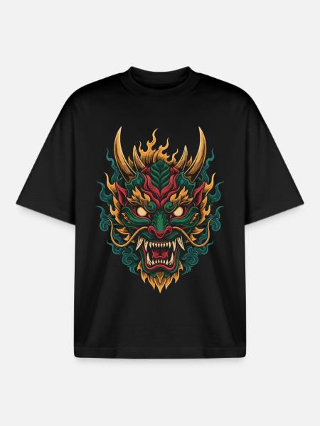 Fiery Dragon Mask | Mythical Flame Beast - Boxy Heavyweight Unisex Organic T-Shirt by Stanley/Stella - black