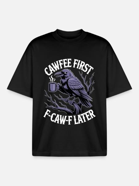 Coffee first: Crow with mug - Boxy Heavyweight Unisex Organic T-Shirt by Stanley/Stella - black